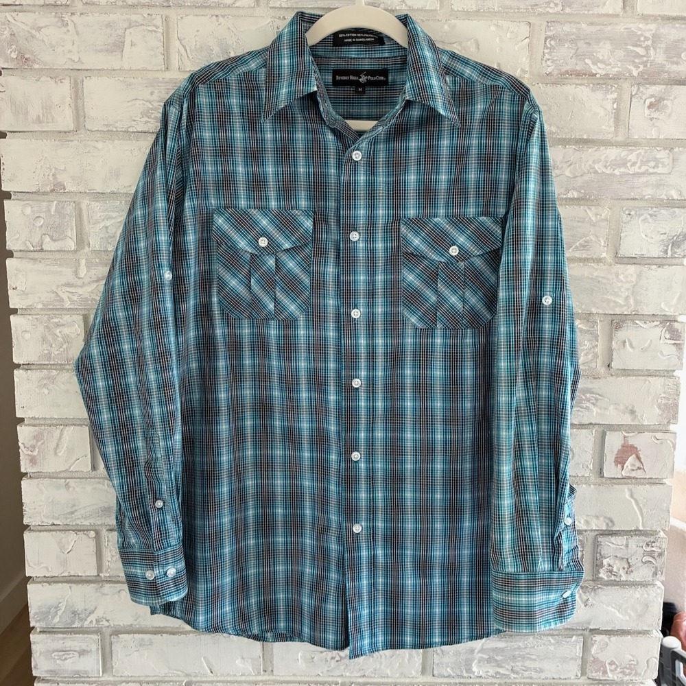 Beverly Hills Polo Club Mens Teal Plaid Button Down Shirt Medium Roll Tab Sleeve